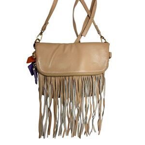 Claudia G camel tan supple genuine leather fringe foldover crossbody bag
